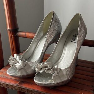 Carlos by Carlos Santana Silver Ruffle Peep-Toe Heels